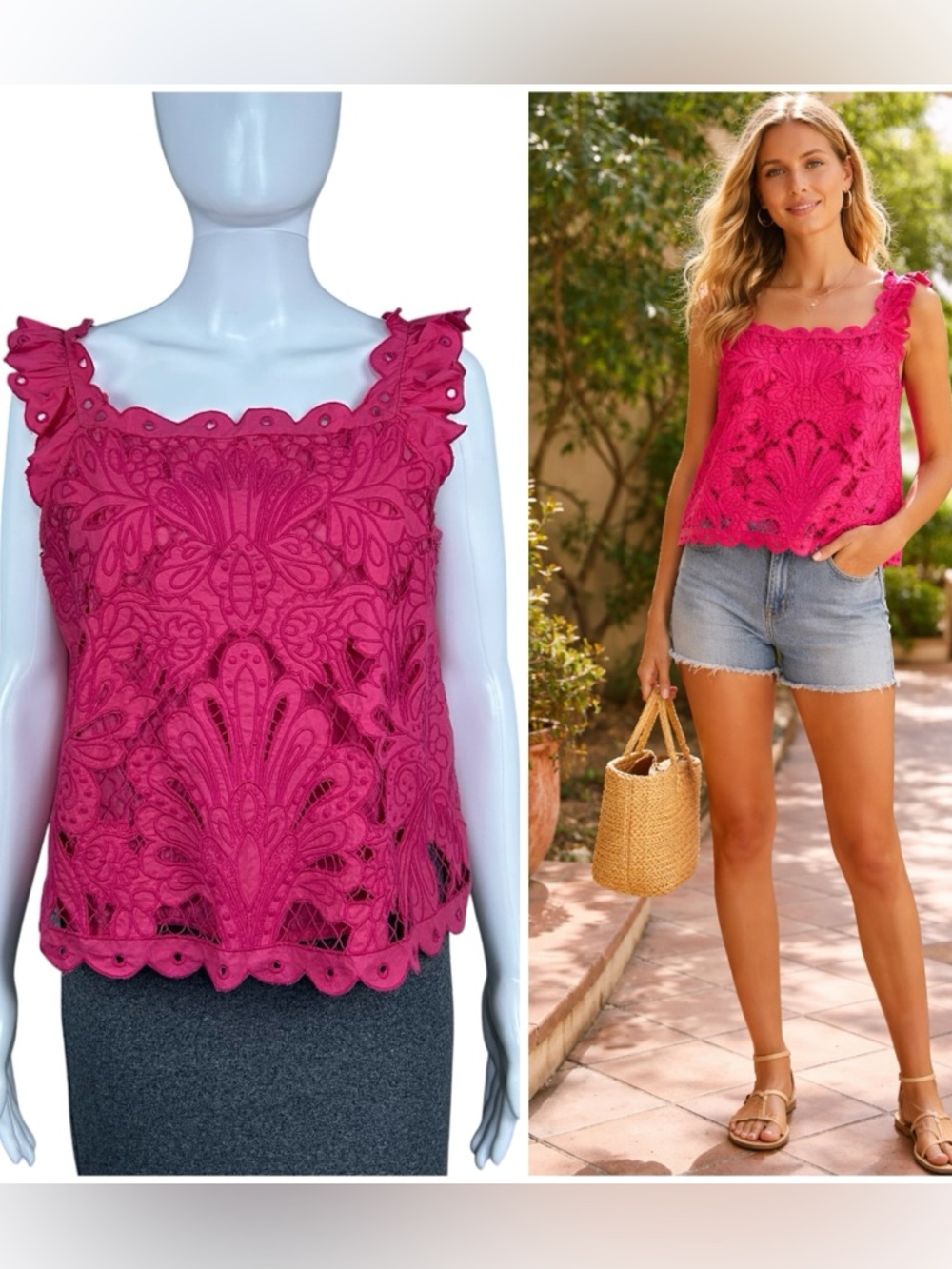 Anthropologie Maeve Scalloped Eyelet Lace Tank Top Size XS Ruffle Strap Boho